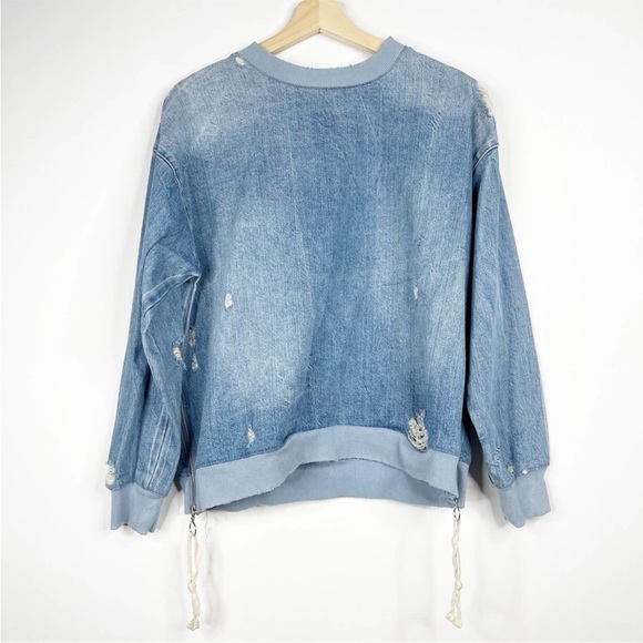 Zara Tops - ZARA•Distressed Premium Denim•Crew Pullover Sweatshirt•Side Zips•Blue•M